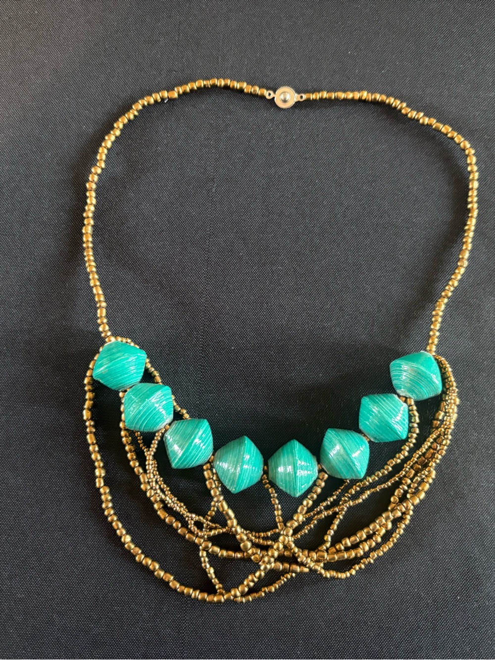 Teng Yue  Gold Beaded Necklace with Turquoise Color Beads